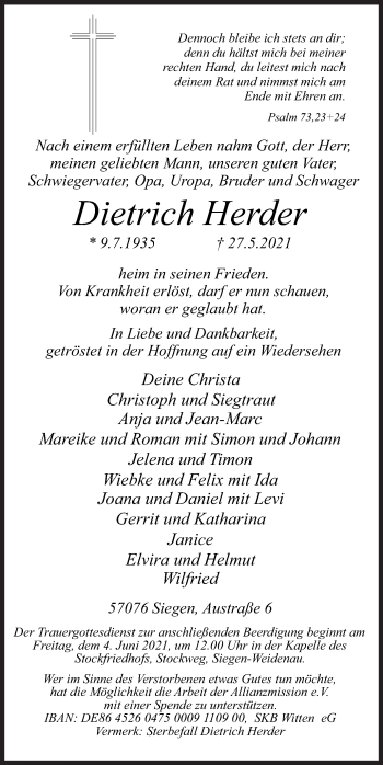 Traueranzeige von Dietrich Herder von Siegener Zeitung