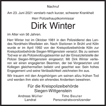 Traueranzeige von Dirk Winter von Siegener Zeitung