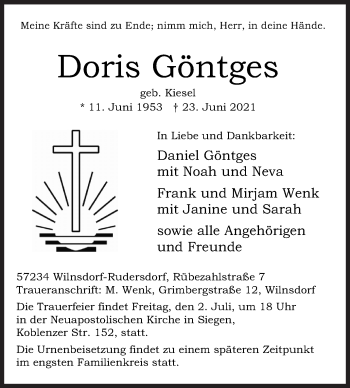 Traueranzeige von Doris Göntges von Siegener Zeitung