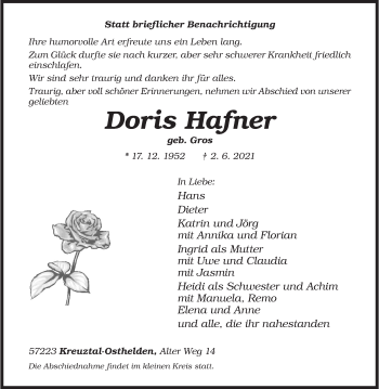 Traueranzeige von Doris Hafner von Siegener Zeitung