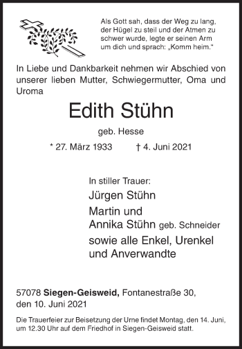 Traueranzeige von Edith Stühn von Siegener Zeitung