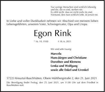 Traueranzeige von Egon Rink von Siegener Zeitung