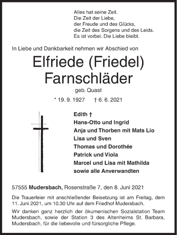 Traueranzeige von Elfriede Farnschläder von Siegener Zeitung