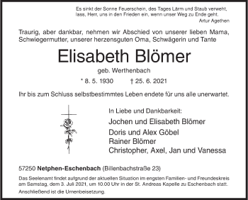 Traueranzeige von Elisabeth Blömer von Siegener Zeitung