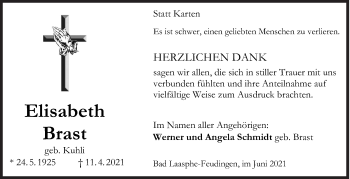 Traueranzeige von Elisabeth Brast von Siegener Zeitung