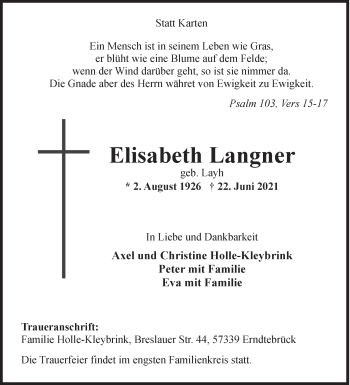Traueranzeige von Elisabeth Langner von Siegener Zeitung