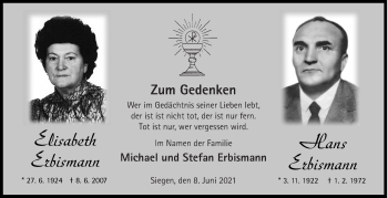Traueranzeige von Elisabeth und Hans Erbismann von Siegener Zeitung