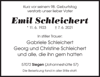 Traueranzeige von Emil Schleichert von Siegener Zeitung
