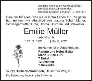 Traueranzeige von Emilie Müller von Siegener Zeitung