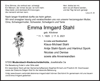 Traueranzeige von Emma Irmgard Stahl von Siegener Zeitung