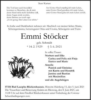 Traueranzeige von Emmi Stöcker von Siegener Zeitung