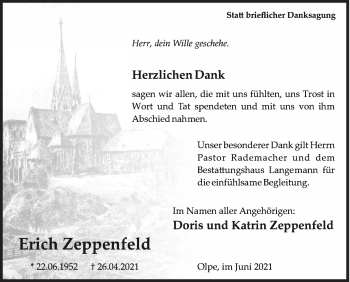 Traueranzeige von Erich Zeppenfeld von Siegener Zeitung