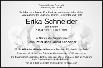 Traueranzeige von Erika Schneider von Siegener Zeitung