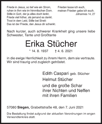 Traueranzeige von Erika Stücher von Siegener Zeitung