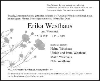 Traueranzeige von Erika Westhaus von Siegener Zeitung
