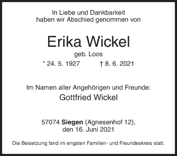 Traueranzeige von Erika Wickel von Siegener Zeitung