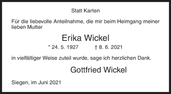 Traueranzeige von Erika Wickel von Siegener Zeitung