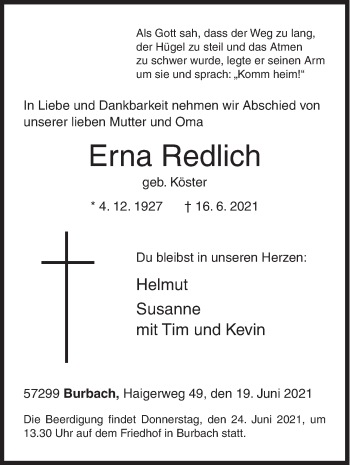 Traueranzeige von Erna Redlich von Siegener Zeitung