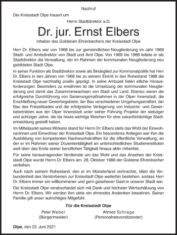 Traueranzeige von Ernst Elbers von Siegener Zeitung