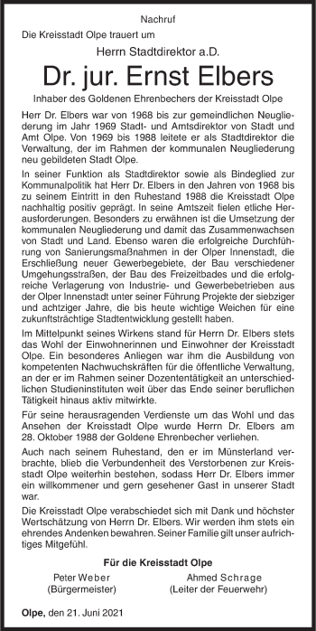 Traueranzeige von Ernst Elbers von Siegener Zeitung