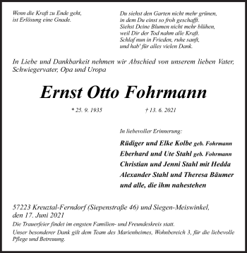 Traueranzeige von Ernst Otto Fohrmann von Siegener Zeitung