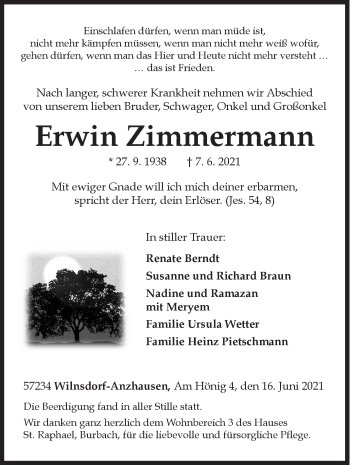 Traueranzeige von Erwin Zimmermann von Siegener Zeitung