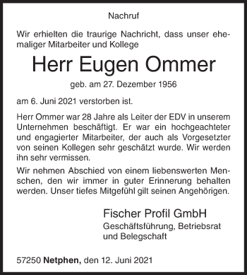 Traueranzeige von Eugen Ommer von Siegener Zeitung