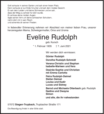 Traueranzeige von Eveline Rudolph von Siegener Zeitung
