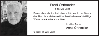 Traueranzeige von Fredi Orthmeier von Siegener Zeitung