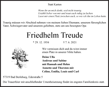 Traueranzeige von Friedhelm Treude von Siegener Zeitung