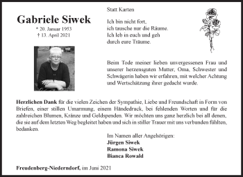 Traueranzeige von Gabriele Siwek von Siegener Zeitung