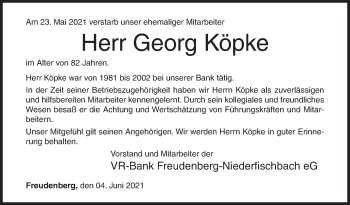Traueranzeige von Georg Köpke von Siegener Zeitung