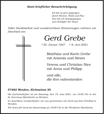 Traueranzeige von Gerd Grebe von Siegener Zeitung