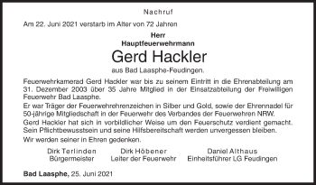 Traueranzeige von Gerd Hackler von Siegener Zeitung