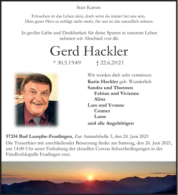 Traueranzeige von Gerd Hackler von Siegener Zeitung