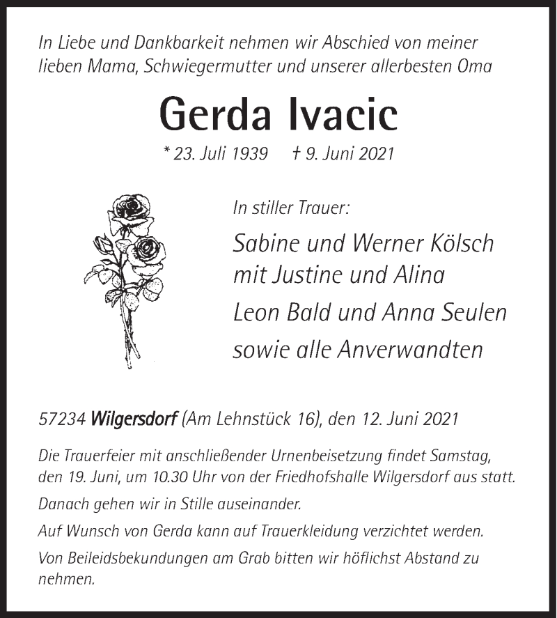  Traueranzeige für Gerda Ivacic vom 12.06.2021 aus Siegener Zeitung