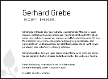 Traueranzeige von Gerhard Grebe von Siegener Zeitung