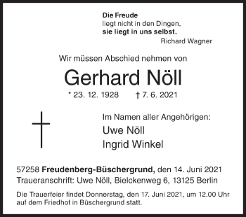 Traueranzeige von Gerhard Nöll von Siegener Zeitung