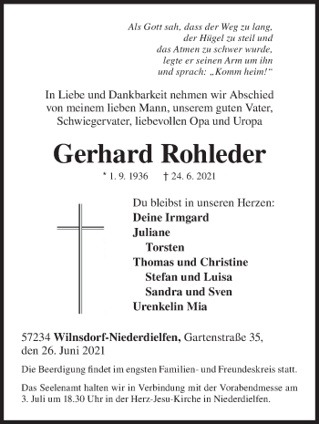 Traueranzeige von Gerhard Rohleder von Siegener Zeitung