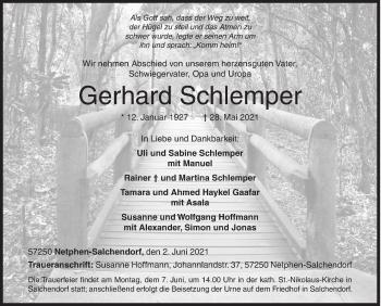 Traueranzeige von Gerhard Schlemper von Siegener Zeitung