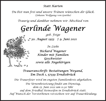 Traueranzeige von Gerlinde Wagener von Siegener Zeitung