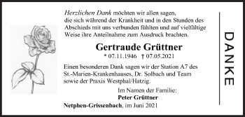 Traueranzeige von Gertraude Grüttner von Siegener Zeitung