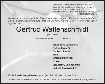 Traueranzeige von Gertrud Waffenschmidt von Siegener Zeitung