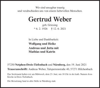 Traueranzeige von Gertrud Weber von Siegener Zeitung