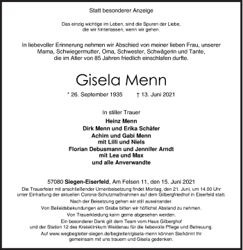 Traueranzeige von Gisela Menn von Siegener Zeitung