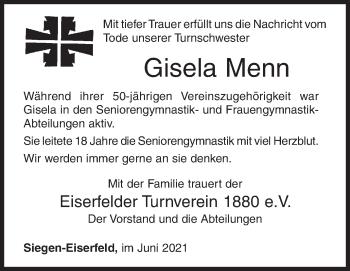 Traueranzeige von Gisela Menn von Siegener Zeitung