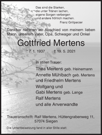 Traueranzeige von Gottfried Mertens von Siegener Zeitung