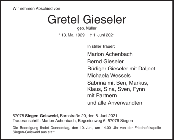 Traueranzeige von Gretel Gieseler von Siegener Zeitung