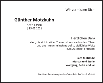 Traueranzeige von Günther Motzkuhn von Siegener Zeitung