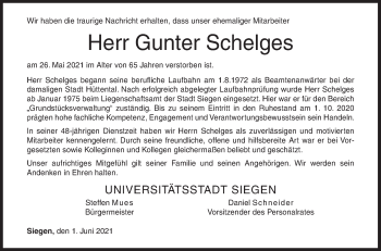 Traueranzeige von Gunter Schelges von Siegener Zeitung